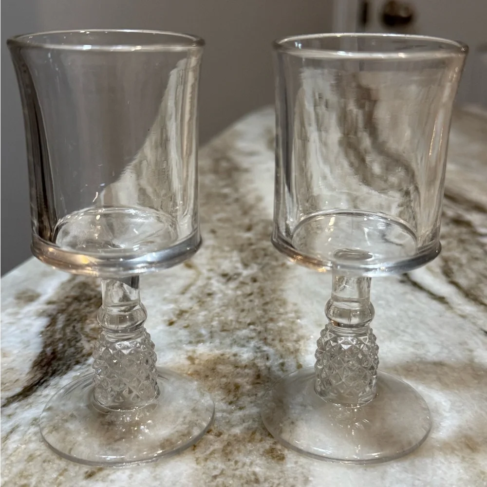 Vintage Pressed Glass Cordial Goblets Pair, 4.25” Diamond Cut Stems liqueurs